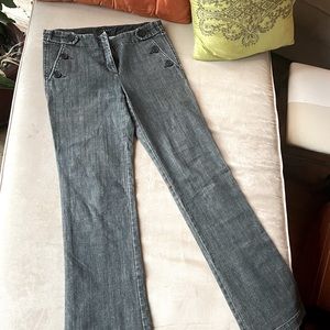 Theory Sz 8. Gray Jeans. Bootcut, low rise. Wearing on the back bottom seams.